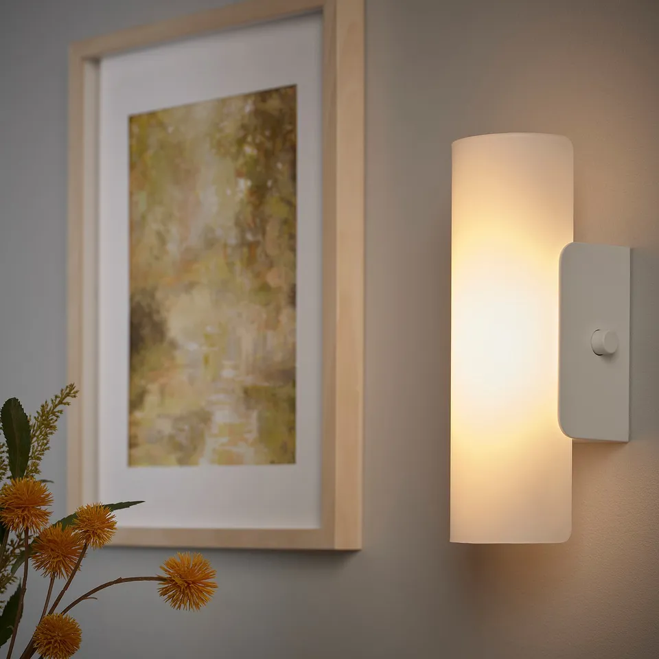 Modern wall lamp with frosted glass shade, mounted near a framed painting and small plant.