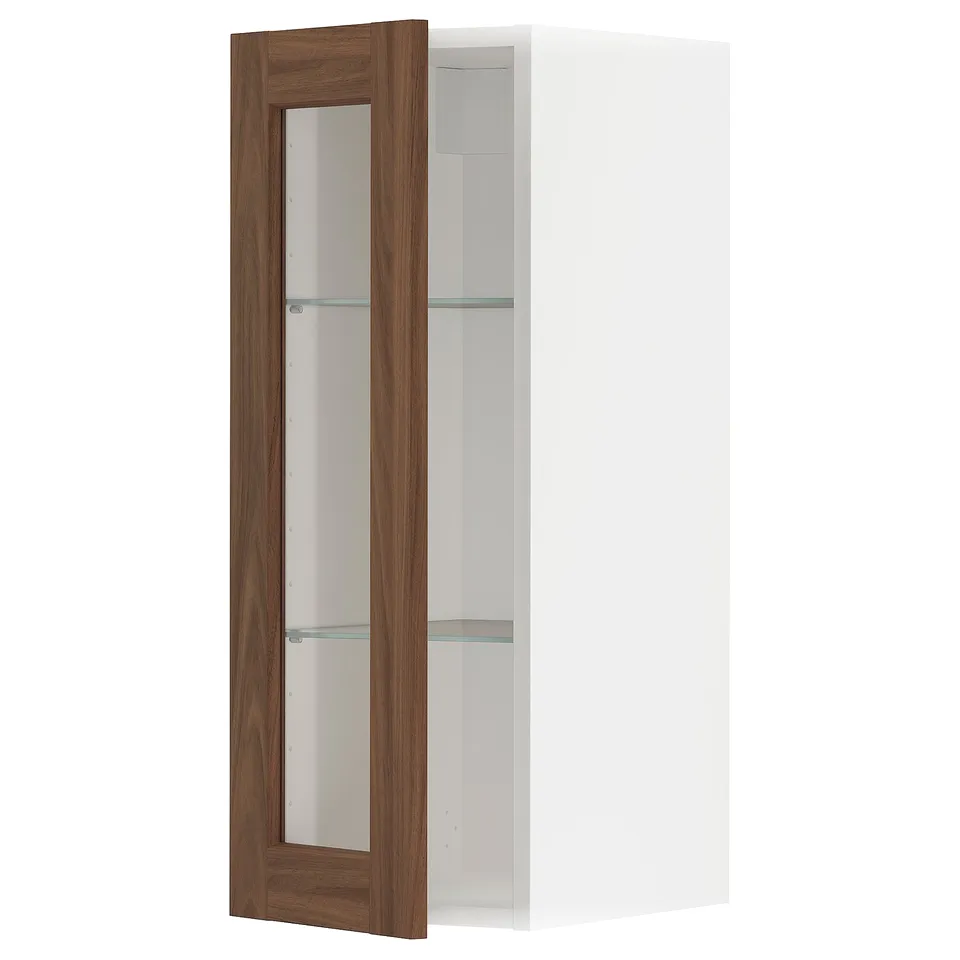 METOD white cabinet with walnut glass door, frosted glass shelves.