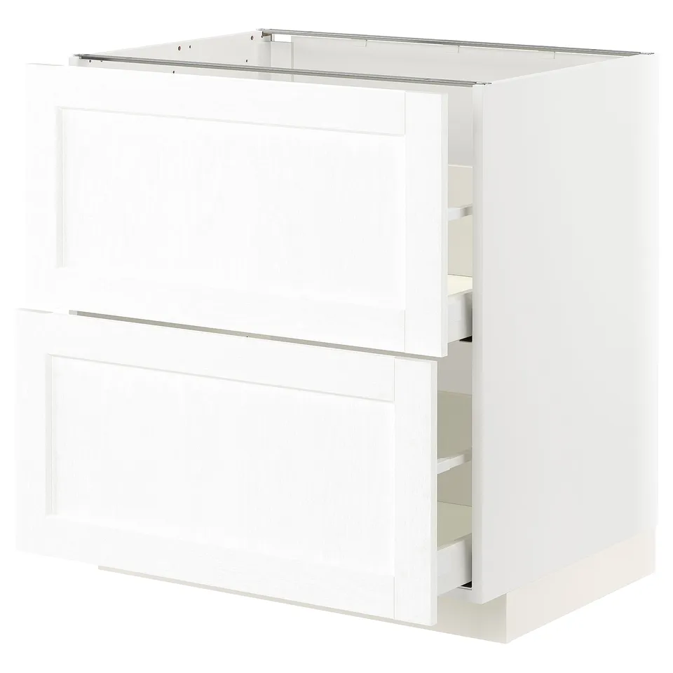 White METOD kitchen cabinet; has drawers, smooth finish.