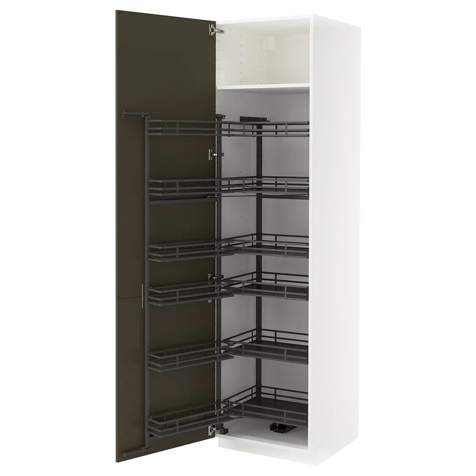 Open white kitchen cabinet with dark brown pull-out shelves, five levels.