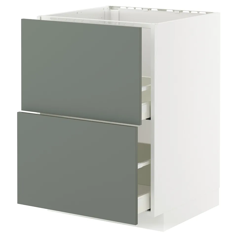 Ikea METOD kitchen cabinet in grey-green with two drawers. Smooth-running drawers, sturdy frame construction, and modern design.