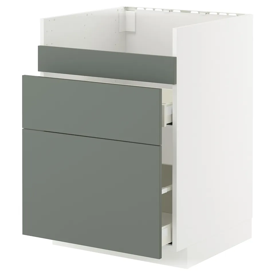 A modern kitchen cabinet from the METOD system, featuring grey-green nickebo fronts with multiple drawers.