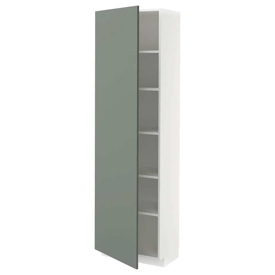 Modern kitchen cabinet, white & grey-green. Tall, rectangular, adjustable shelves, glass door.