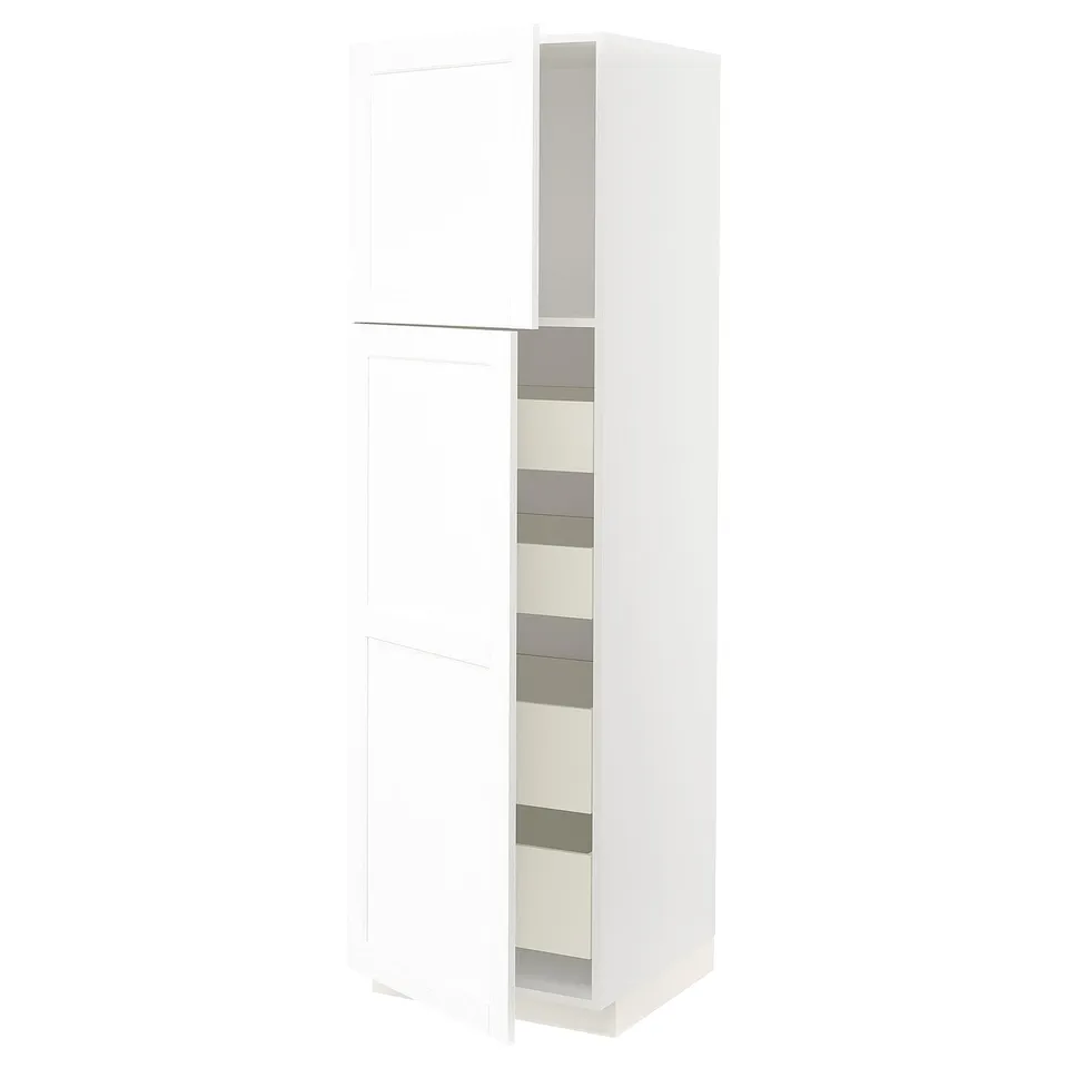 White kitchen cabinet, sleek and tall with two open sections and multiple shelves.