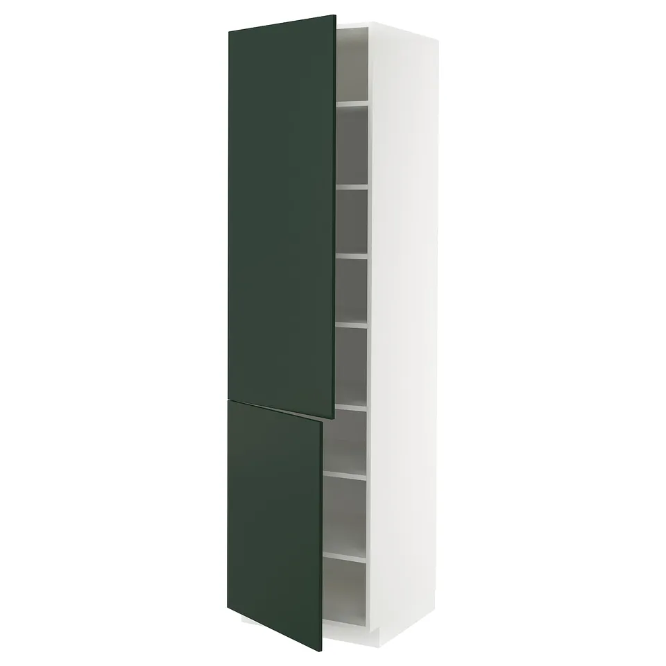 Modern tall kitchen cabinet with dark green doors and white frame.