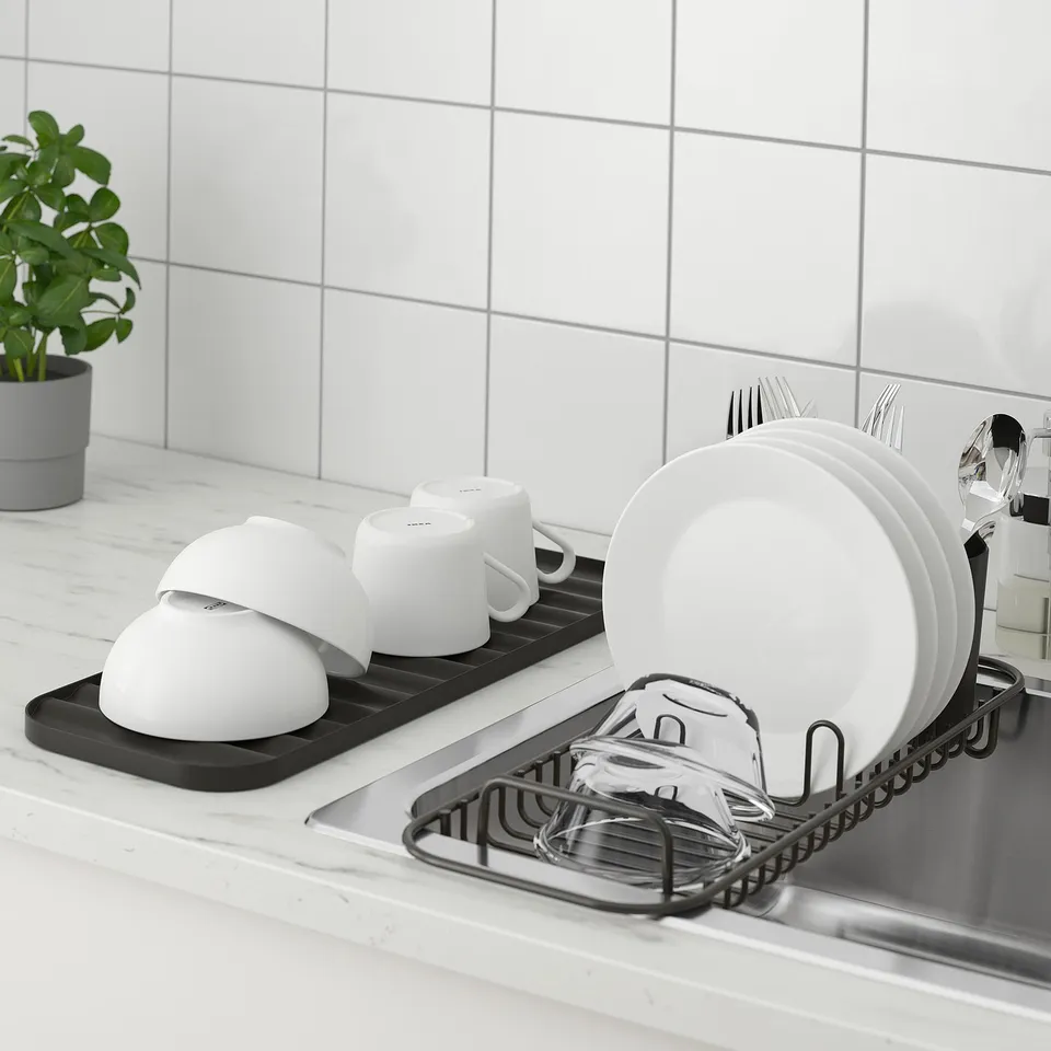 Dish rack LILLHAVET fits over sink, holds 5 plates, glasses, mugs, and cutlery.