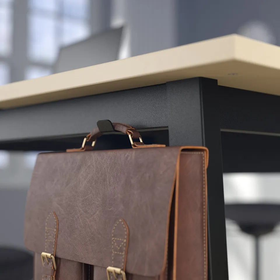 Brown leather bag hangs from metal shelf hook. Part of a high conference table setup.