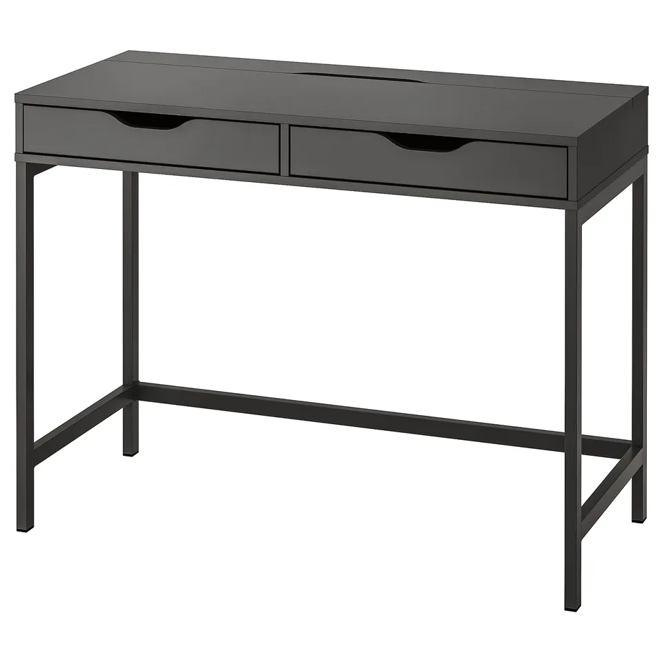 Modern ALEX desk in black with sleek design, two drawers, and metal legs for storage and minimalist style.
