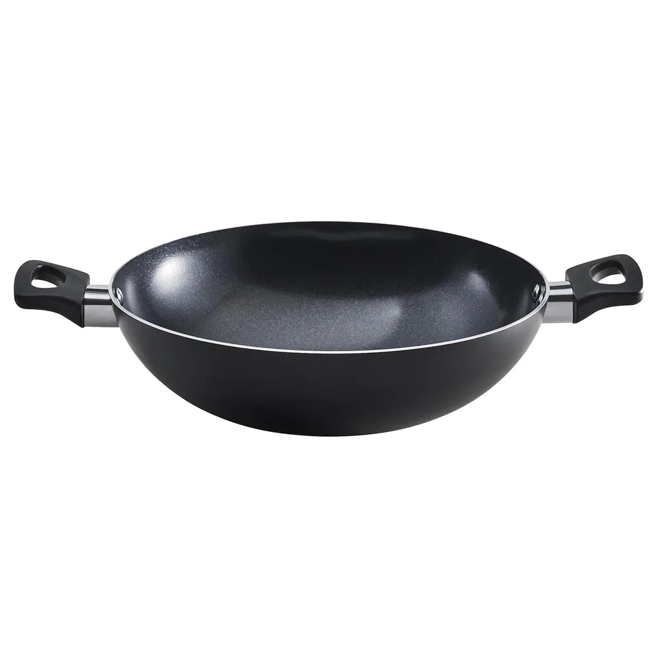 Black FRUKTKAKA kadai wok with two handles and non-stick ceramic coating.