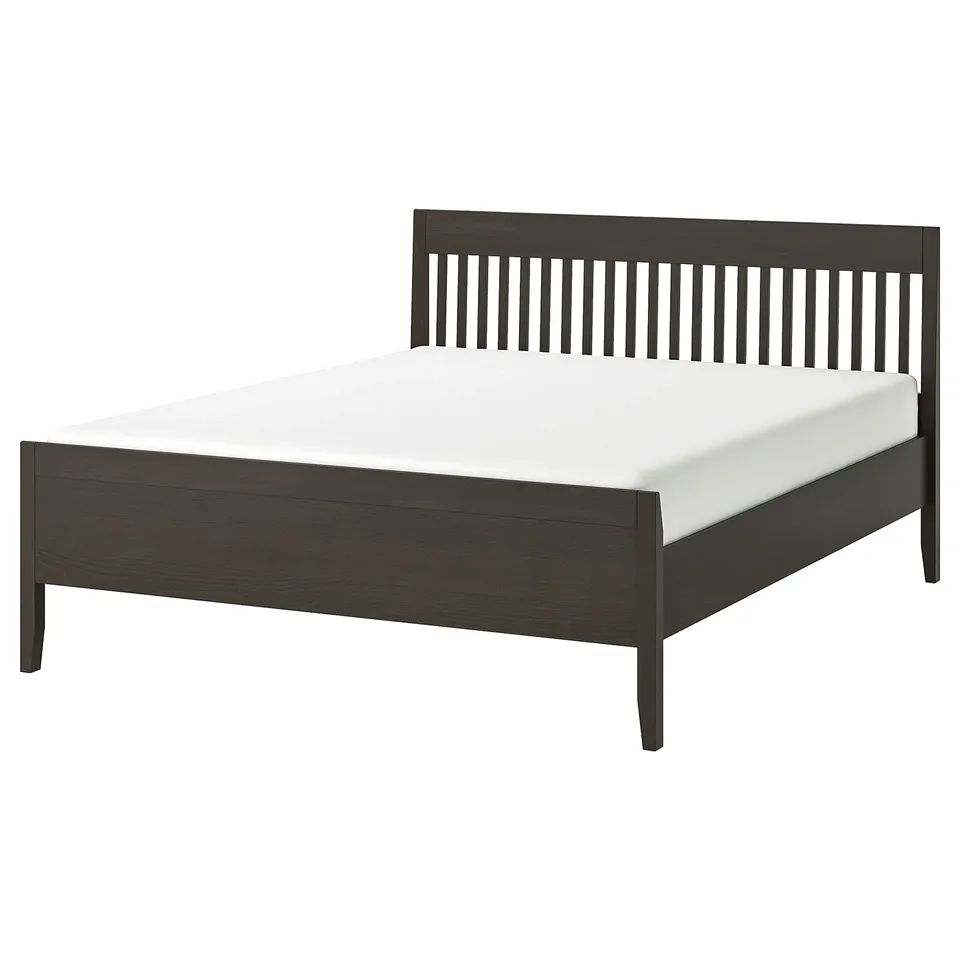 An IDANÄS bed frame in dark brown with a slatted headboard, offering a classic and sturdy design.