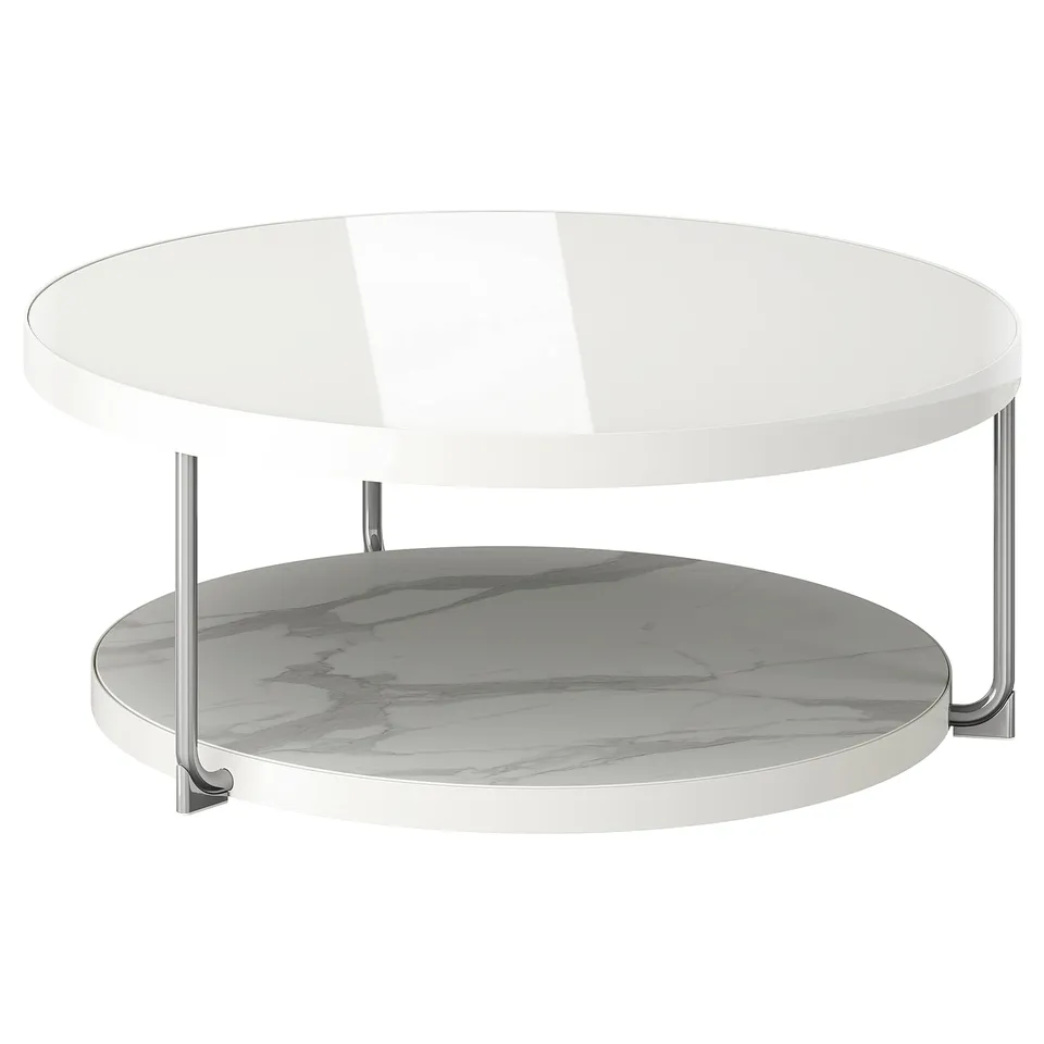 Elegant modern white FRÖTORP table with glass top, chrome legs, and marble-effect shelf, round design.
