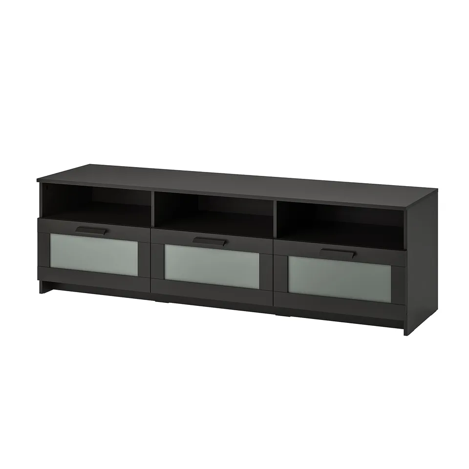 BRIMNES black tv stand with glass panels, rectangular shape, and open shelving.