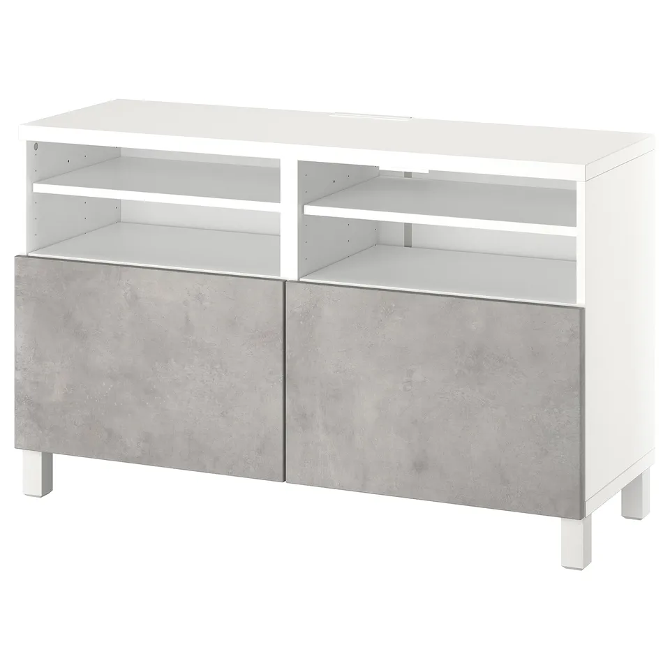 A white BESTÅ tv bench with grey concrete-effect doors, offering storage and cable management.