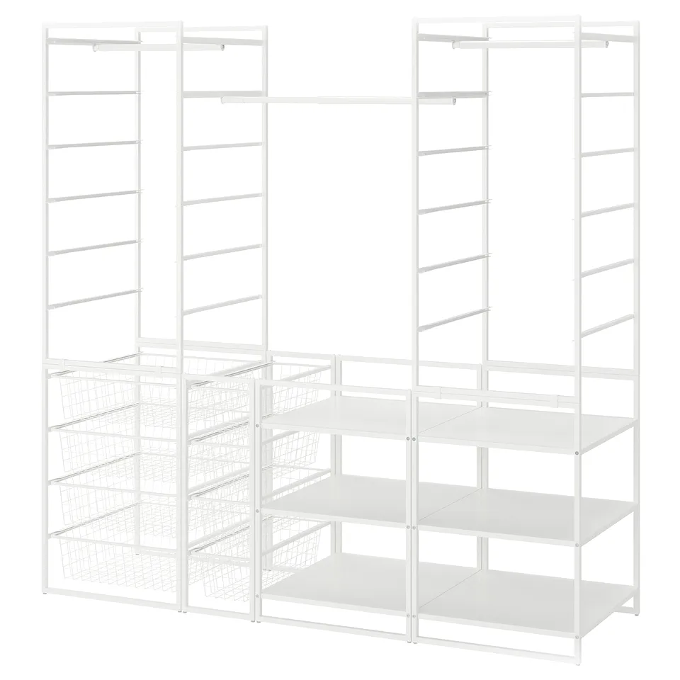 A white JONAXEL storage system with shelves and wire baskets, designed for organising clothes and accessories.