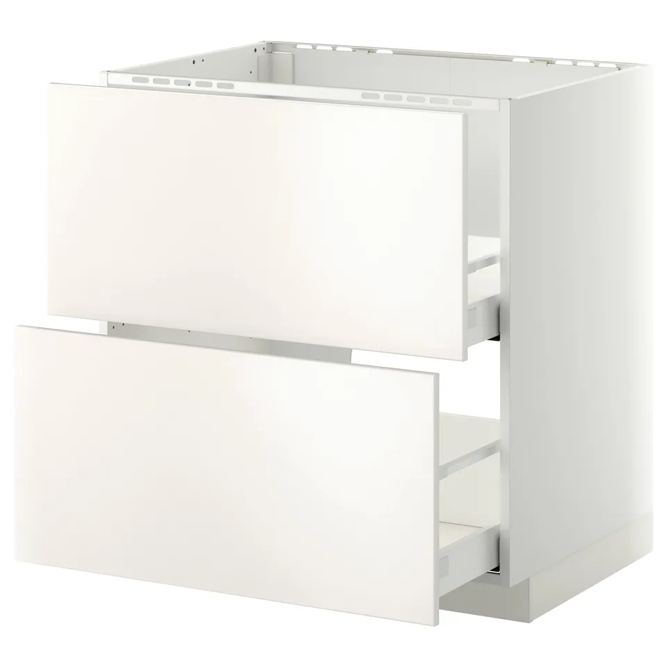 A white METOD kitchen cabinet with two drawers. The cabinet is sleek, modern, and made of durable materials.