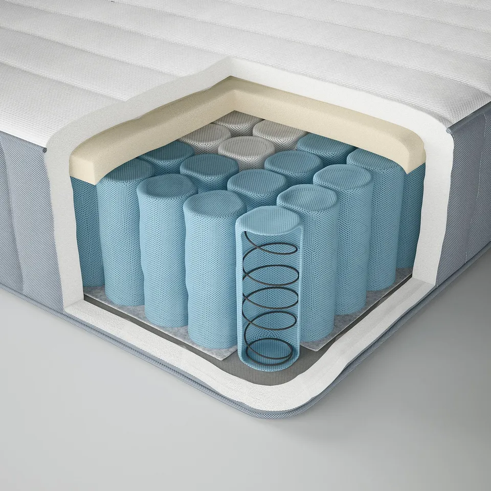 A cross-section of a mattress, showing layers of polyfoam, fabric, and metal springs.