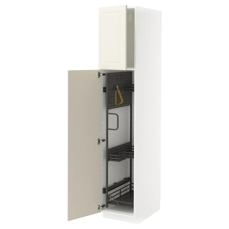 A white METOD tall kitchen cabinet with off-white bodbyn doors. The cabinet is open, displaying pull-out organisers inside.