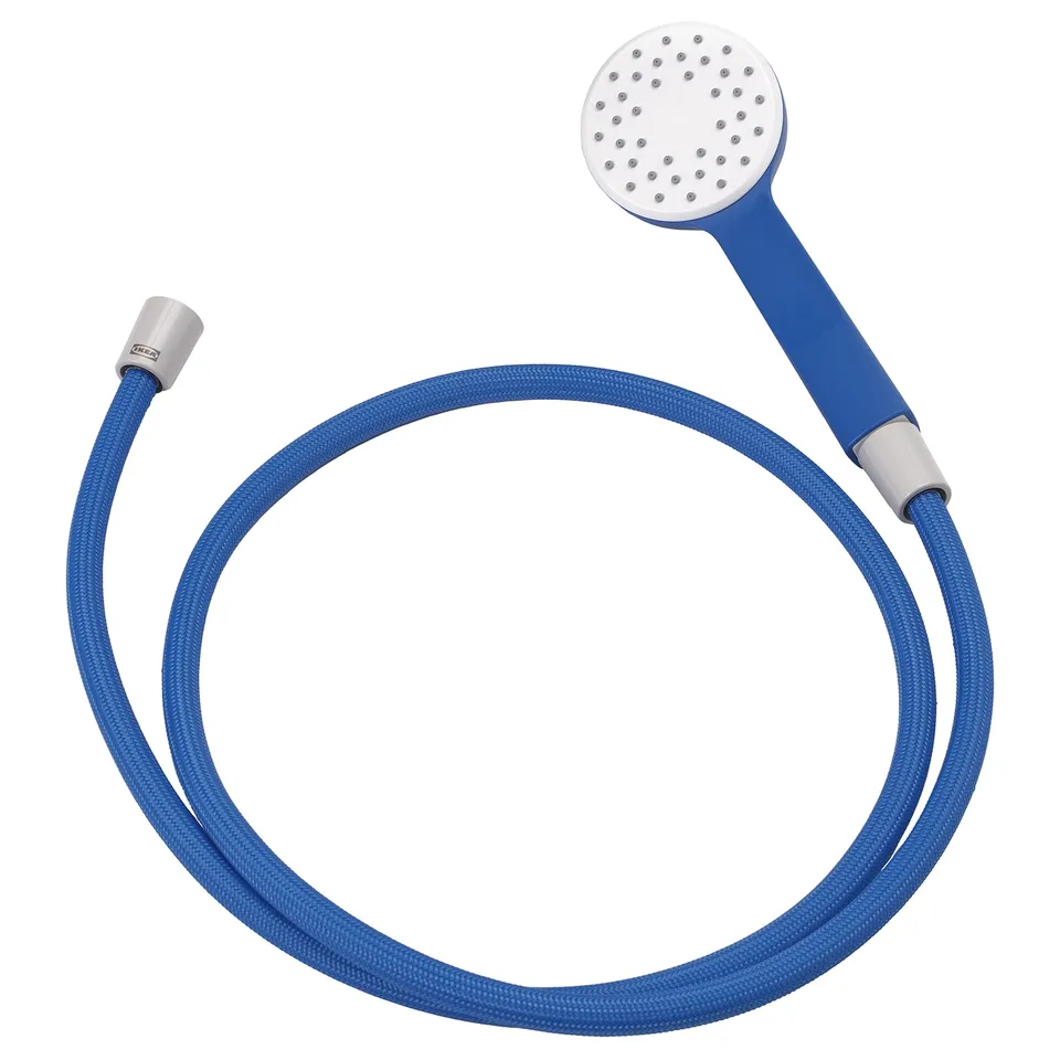 A blue IKEA BERGVATTNET handheld shower with a coiled hose, delivering water efficiently.