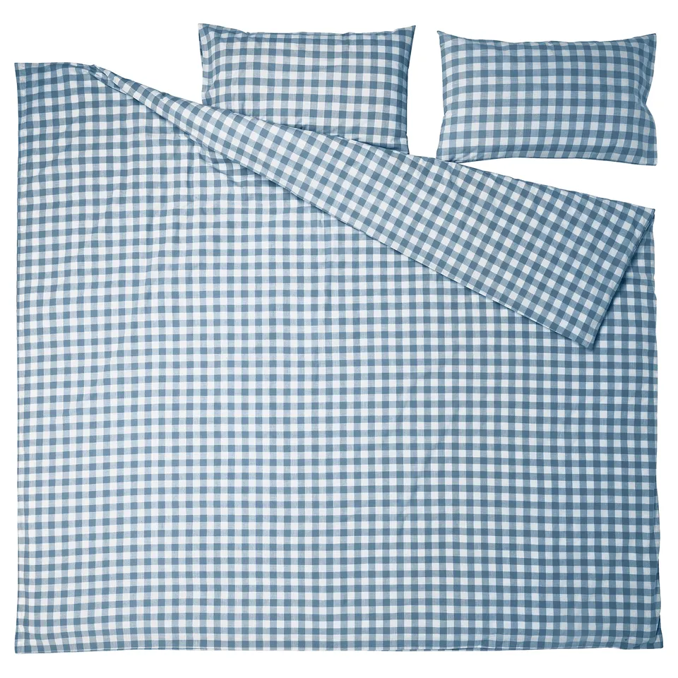 EKTANDVINGE Duvet cover and 2 pillowcases, dark blue white/check, 200x200/50x80 cm