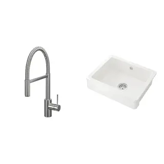 HAVSEN/SALLSJÖN set: sink bowl w visible front + kitchen mixer tap pull down w spray