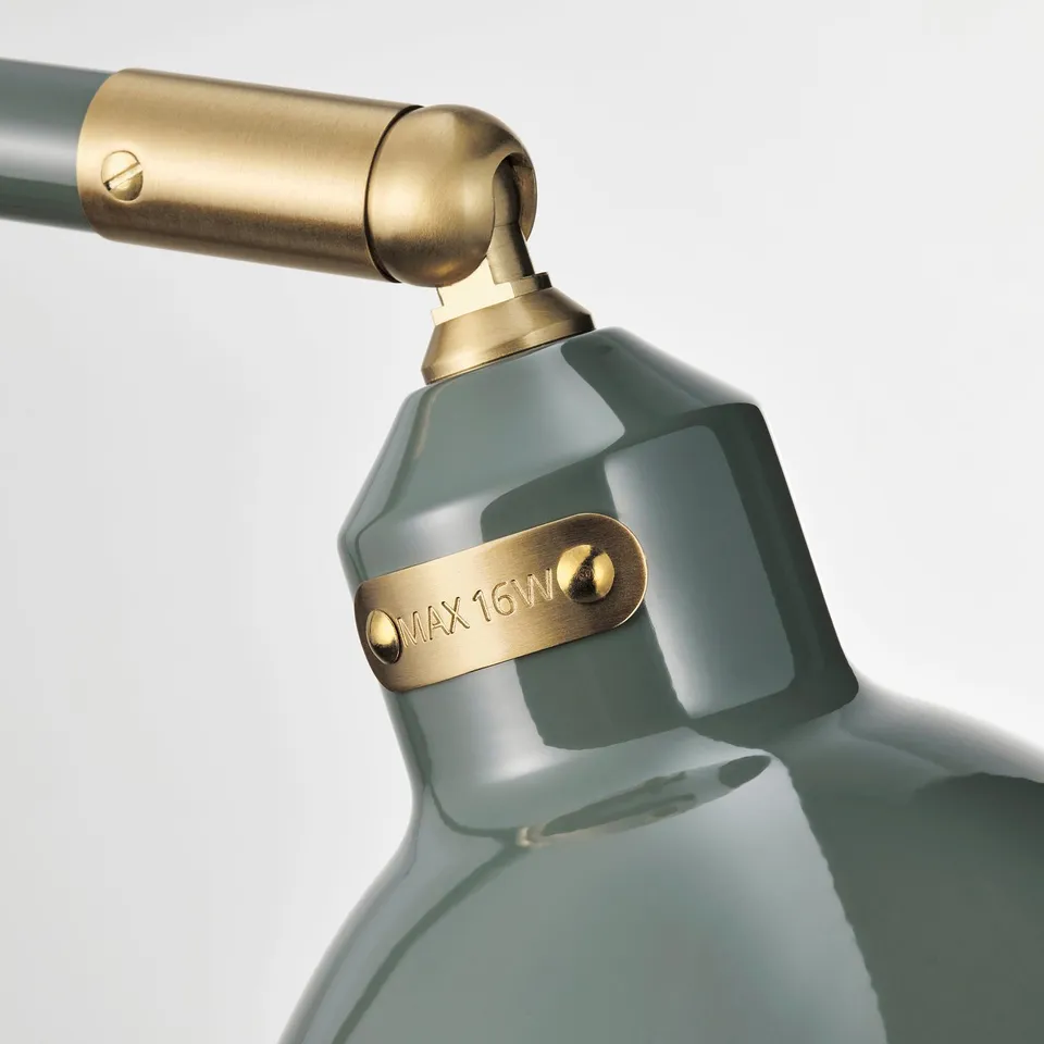Gold lamp with green shade, angled joint, 16w max.