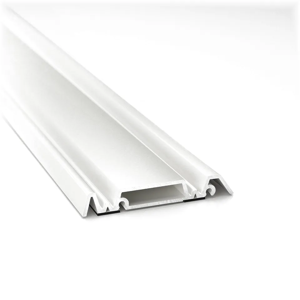 White metal floor rail for sliding doors, clean and precise, ideal for diy installation.