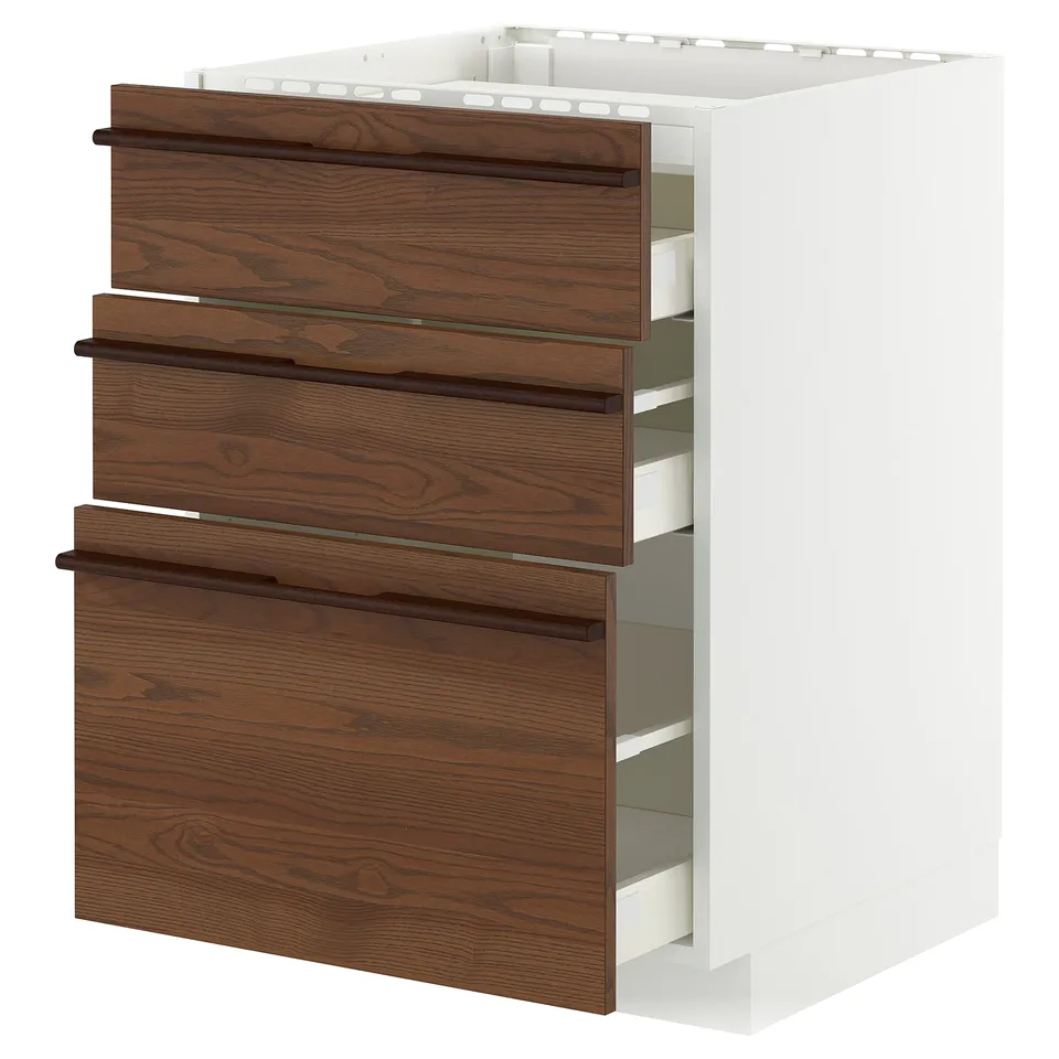 Ikea METOD kitchen unit with dark brown ash veneer drawers and wood handles.