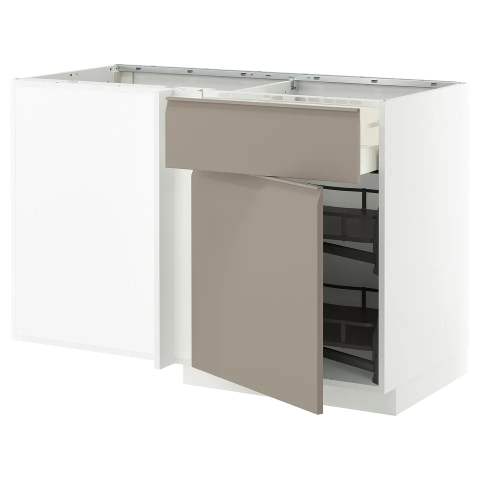 METOD kitchen unit with grey-beige doors, modern design, corner base cabinet with pull-out shelves.