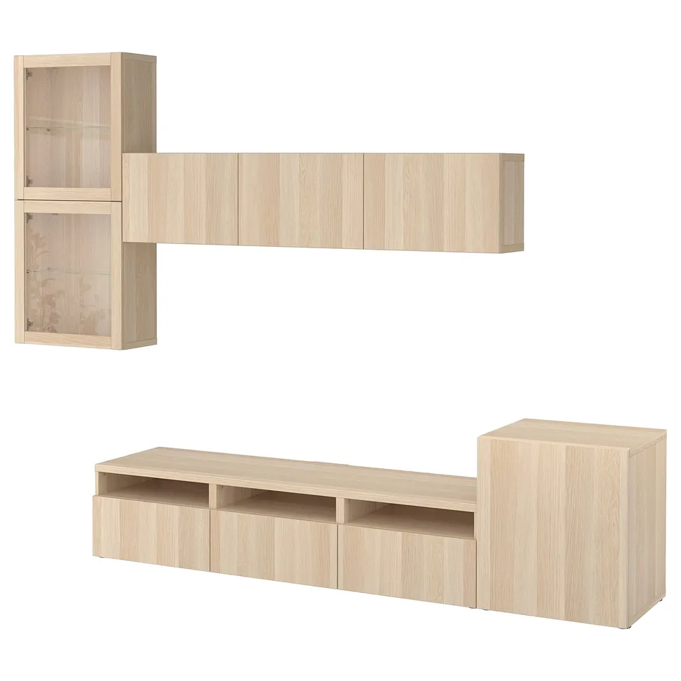 Light wood BESTÅ tv unit: three main sections - top wall unit, middle open shelves, and right cabinet. Customizable, adjustable shelves.