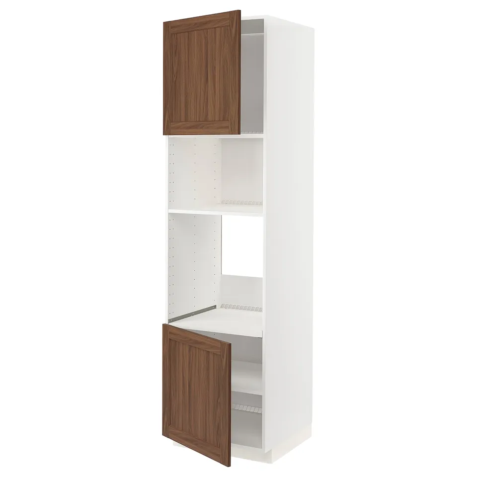 White METOD kitchen cabinet with walnut doors, adjustable shelves.