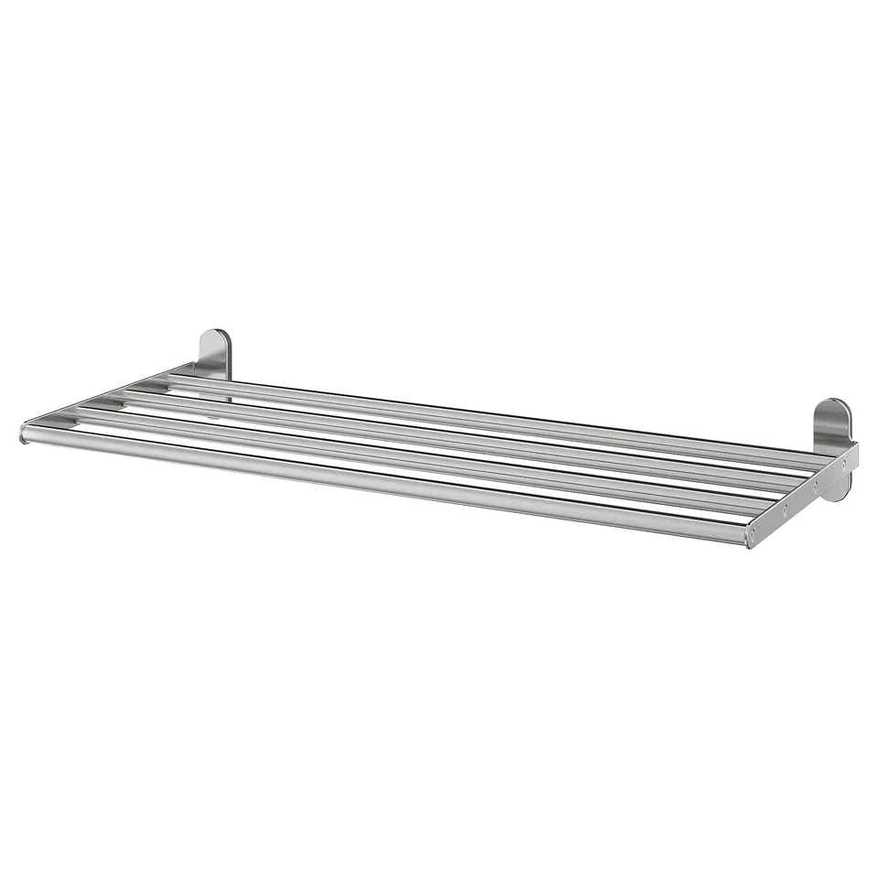 Silver BROGRUND towel shelf with rail & flat surface, stainless steel, hidden screws.