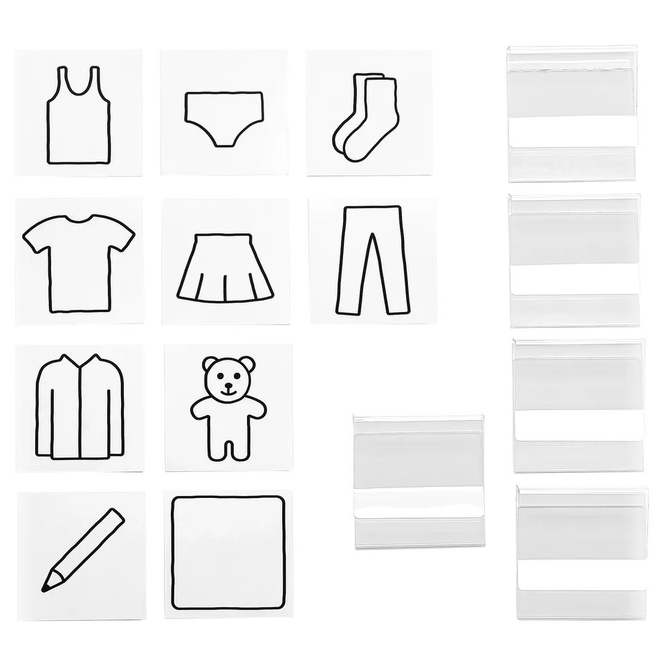 Black outline clothes drawn on white cards, organised in rows.