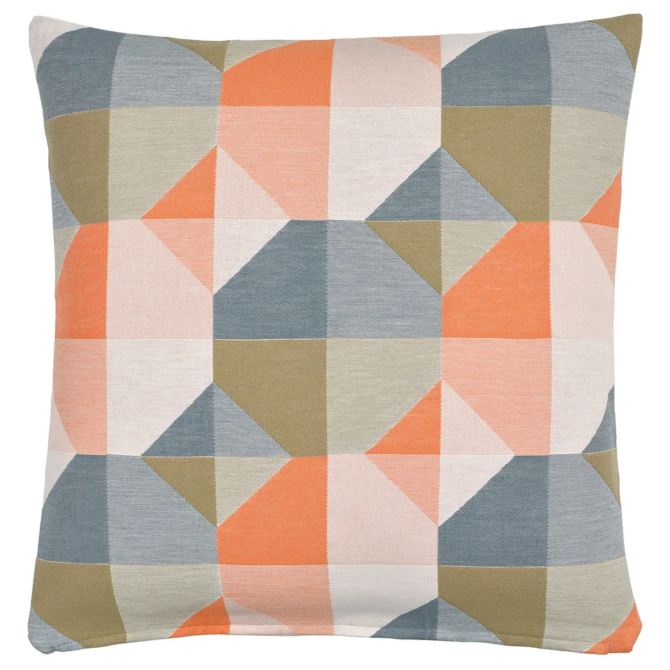 Geometric throw pillow, SVARTHÖ, multicoloured squares, jacquard weave, square shape, thick texture.