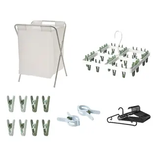 JÄLL/SLIBB/SPRUTTIG set: laundry bag with stand + hang dryer 24 clothes pegs + clothes peg + large peg + hanger