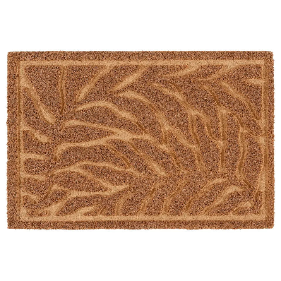 KONTANTER door mat: brown, rectangular, with 3d leaf pattern, natural coir material.