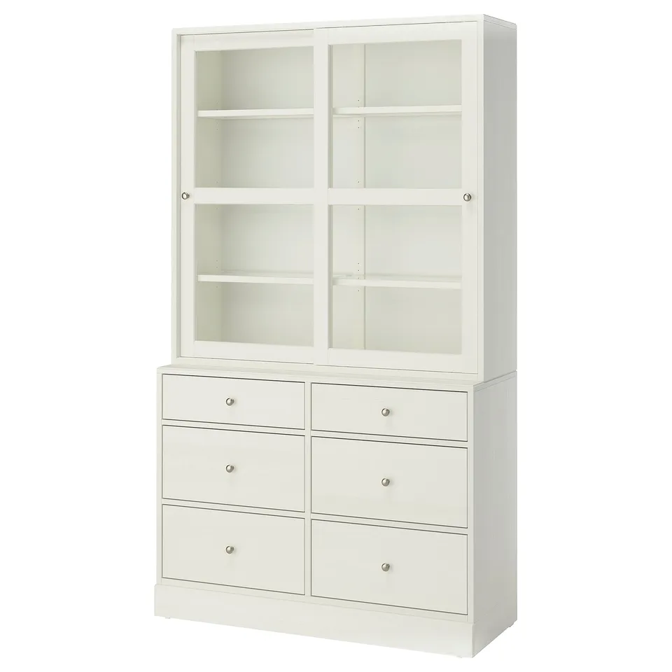 HAVSTA: white, wooden cabinet with six drawers and glass sliding doors, showcasing a rustic, elegant design.