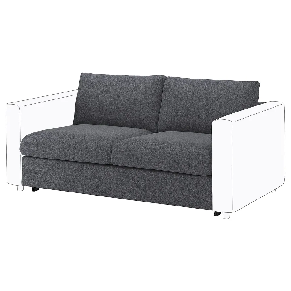 VIMLE sofa, grey fabric, clean lines, white legs, modern design.