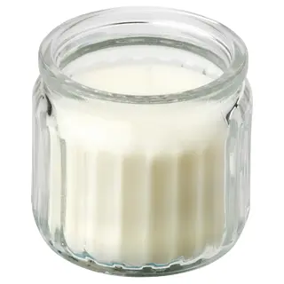 JÄMLIK scented candle in glass, Vanilla/light beige, Height 5 cm