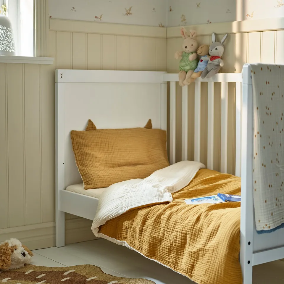 A childs bed with white GULDVÄVARE bedding, yellow blanket, brown pillows, and stuffed bunnies.