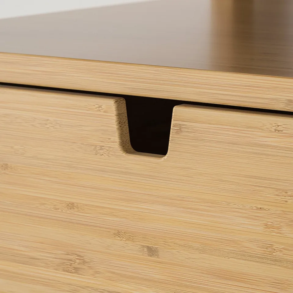 Bamboo dresser drawer edge detail, fine grain texture, natural finish.
