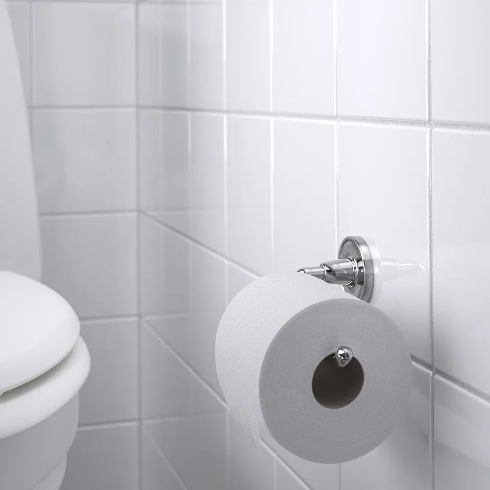 Chrome toilet roll holder on tiled wall, no visible screws, clean appearance.
