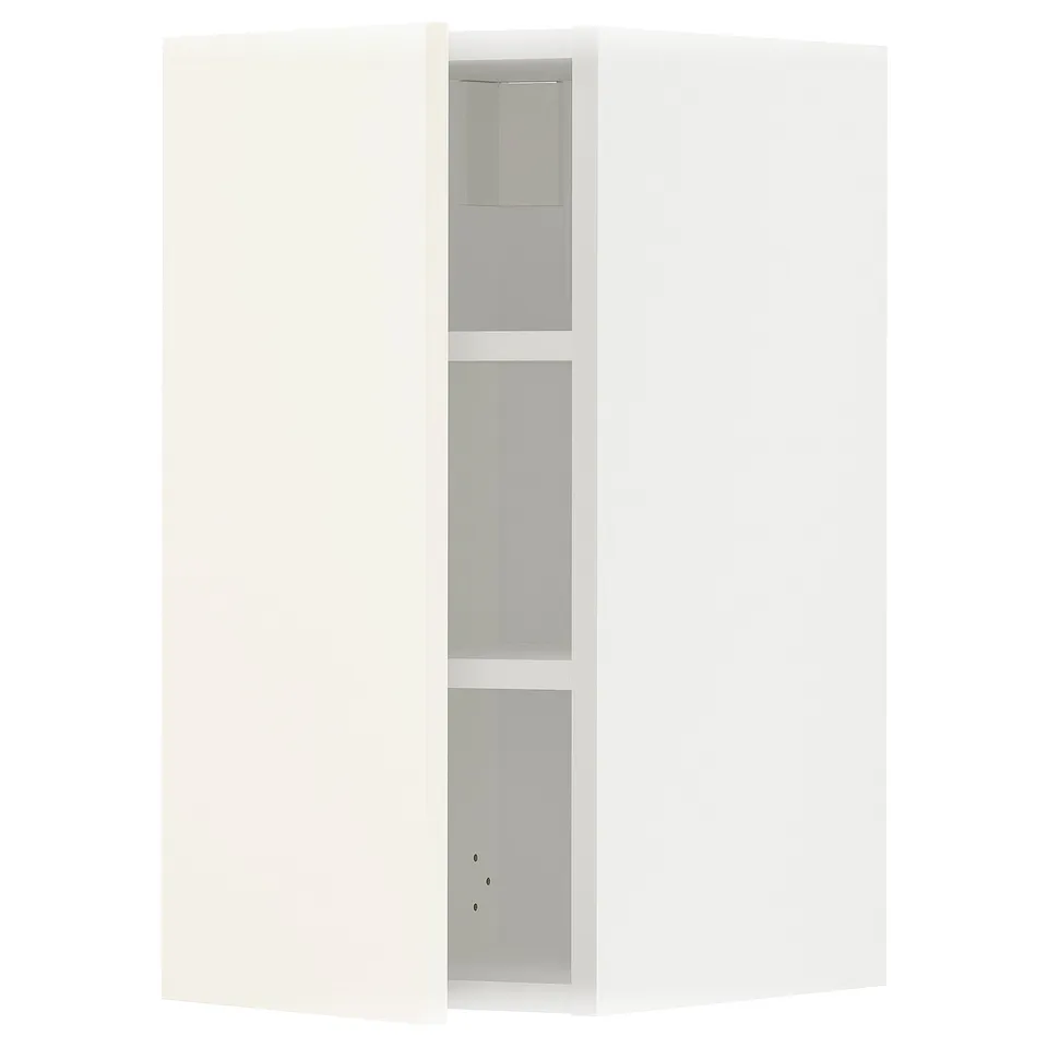 A white METOD kitchen cabinet with three adjustable shelves. The cabinet is rectangular and designed with snap-on hinges for easy door removal.