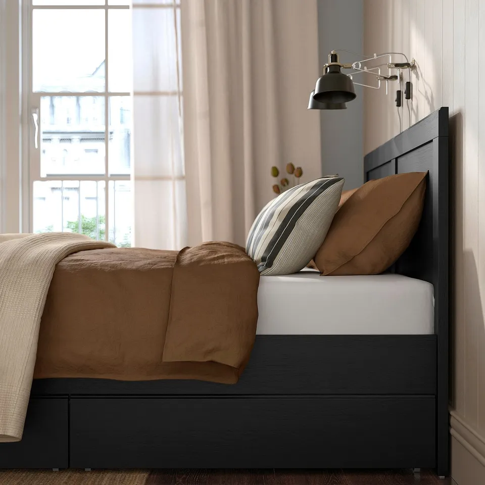 FÅGELFJÄLLET Bed frame with 4 storage boxes, black oak effect/Luröy, 150x200 cm