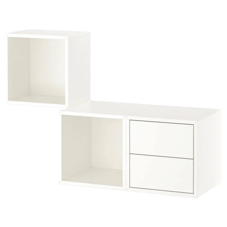White EKET shelves, modern minimalist wall storage units, featuring open and closed compartments for versatile organisation.