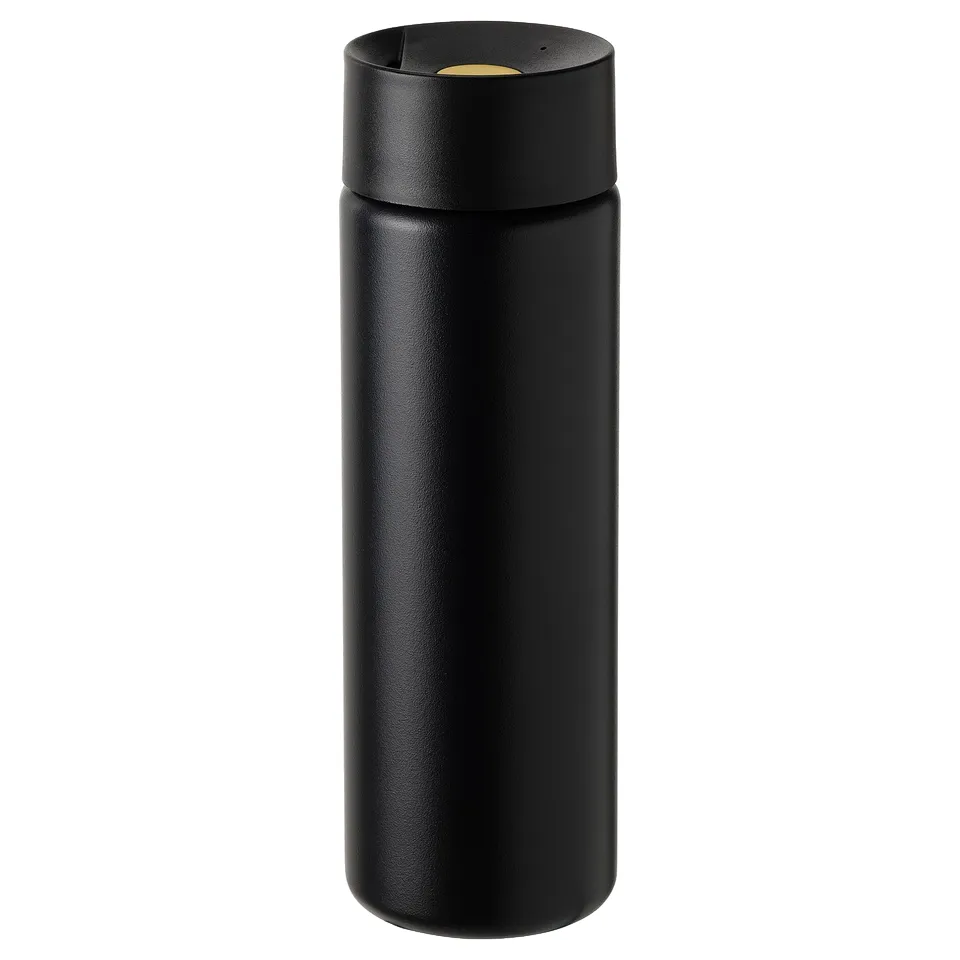 Black undersoka travel mug, stainless steel, powder coat, gold-seal lid.