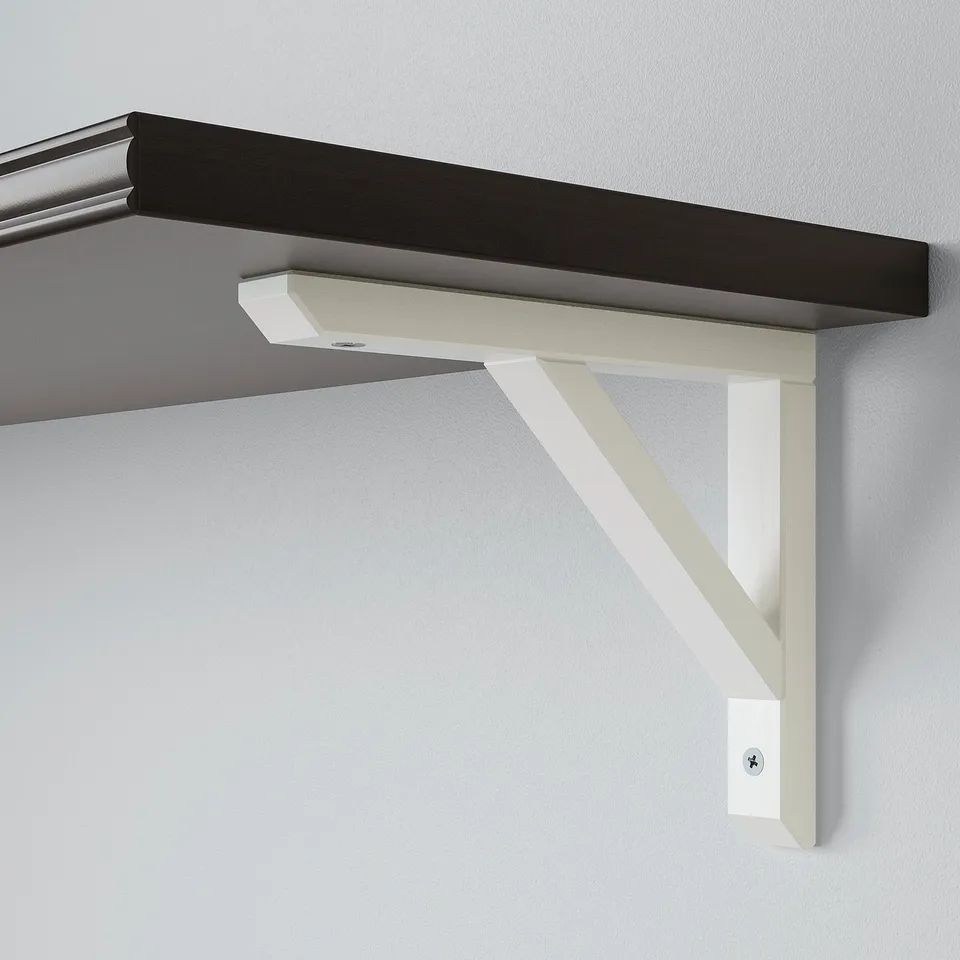 Modern wall shelf with clean lines. White painted wood, securely mounted on a grey wall.