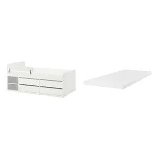 SLÄKT/ÅRBERGET set: bed frm w strg+guard rl+slat bd bse + natural latex mattress