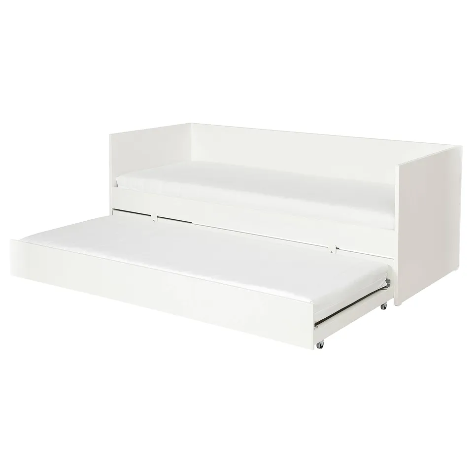 A white VIHALS daybed with a trundle. Its minimalist, modern, with a rectangular shape. Made of particleboard and foam, its ideal for small spaces.
