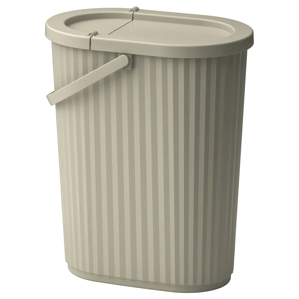 Beige DAMMÄNG recycling bin with lid, handle, and stackable design for glass, plastic, or paper waste.