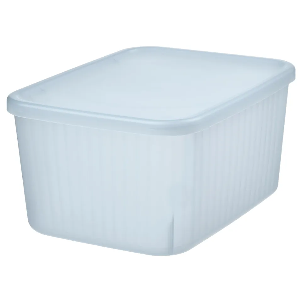A light blue RYKTA storage box with lid, made of recycled plastic, rectangular-shaped with a slightly fluted design.